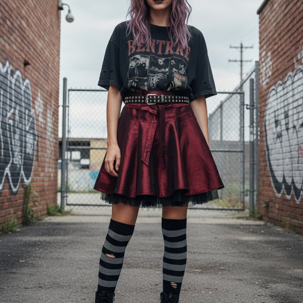 Bisou Bisou Skirt Burgundy Satin Goth Grunge Punk A-line Mesh Belted 10